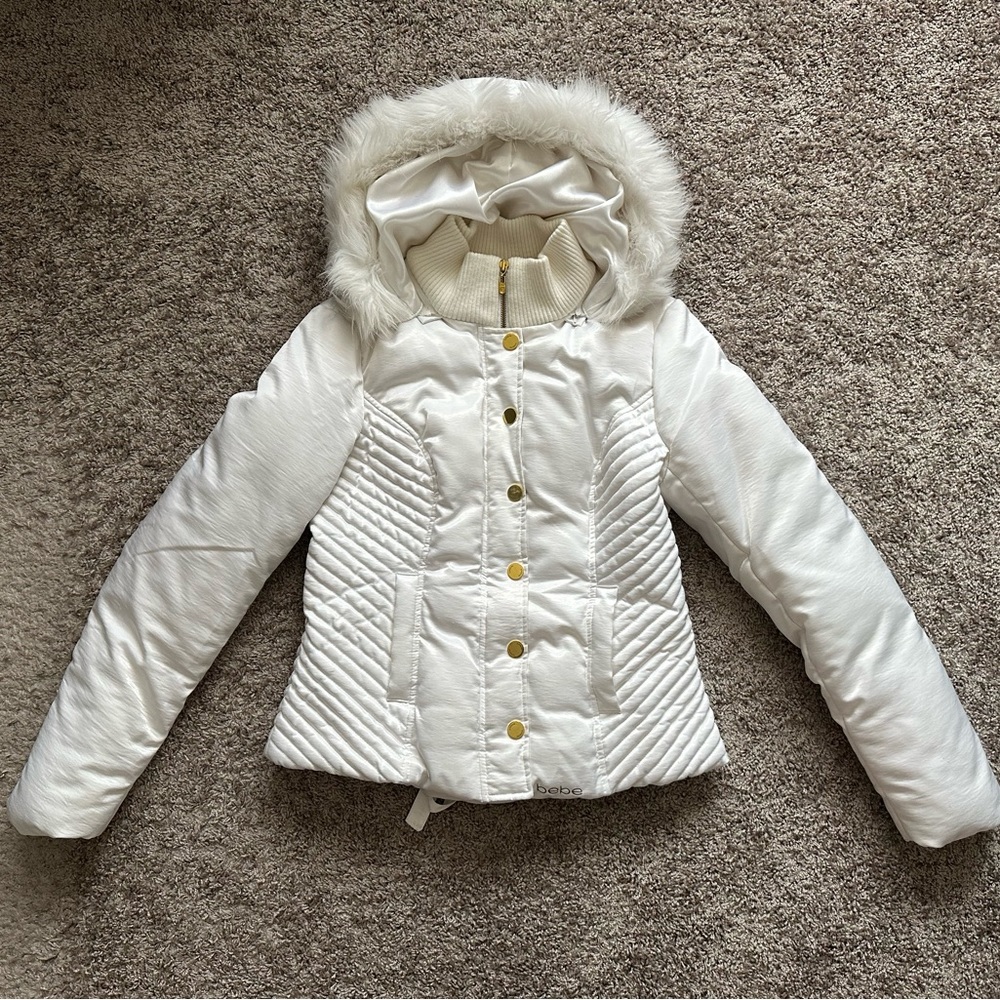 Bebe White Silk Winter Jacket with Lace-Up Back